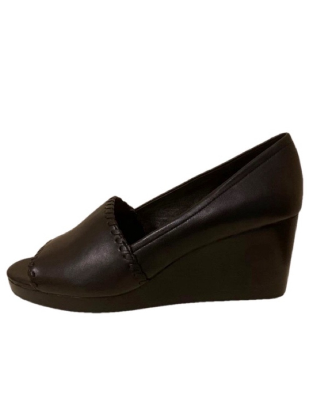 Jack Rogers Palmer Black Leather Stacked Wedge Sandals Whipstitch Trim - Picture 6 of 9